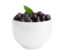 Ceramic bowl with fresh acai berries on white background