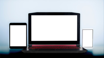 laptop pc, smartphone and tablet on white blank screens