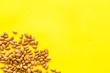 Almond on yellow background top view space for text