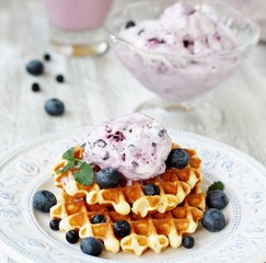 waffles with blueberries and blueberry yogurt ice cream