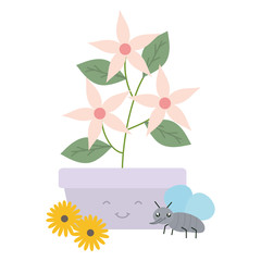 garden flowers plant in pot with insects flying kawaii style