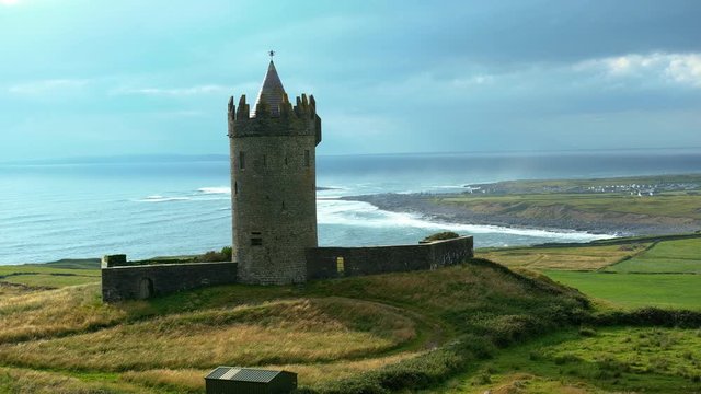 Wide shot of Doonagore Castle, Doolin, County Clare, Ireland