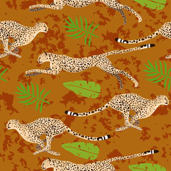 Seamless pattern with cheetahs and leaves. Vector graphics.