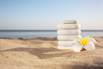 Stack of white marble stones and beautiful flower on sandy beach near sea, space for text. Zen concept