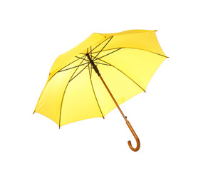 Modern opened yellow umbrella isolated on white