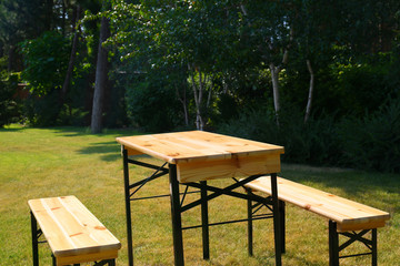 Wooden picnic table with benches in green park