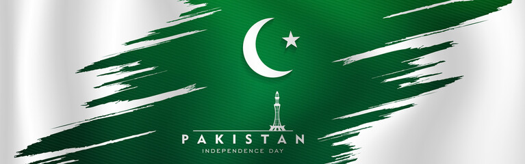 14th of august pakistan independence day celebration card, Happy Pakistan's independence day 14th of august 1947. flag of pakistan brush design Vector Illustration - obrazy, fototapety, plakaty