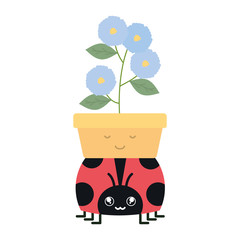 Naklejka premium garden flowers plant in pot with ladybug kawaii style