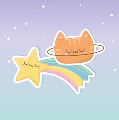 funny fantasy cat and rainbow kawaii characters