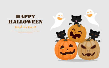 Halloween greeting card concept. Cute pumpkins spooky scary smile, little ghost and black cat. Flat design vector illustration.