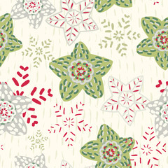 Folk art christmas seamless pattern with crocheted stars and snowflake ornaments. Modern holiday color palette. Homespun, natural feel. Great for gift wrapping paper, cards and fashion. Vector.
