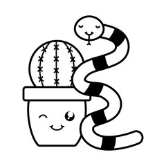 cactu in ceramic pot and snake kawaii style