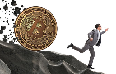Bitcoin chasing businessman in cryptocurrency blockchain concept