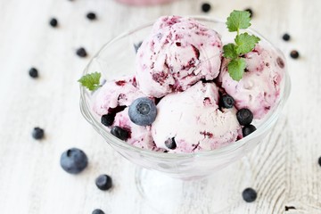 homemade blueberry ice cream with yogurt and whole berries.