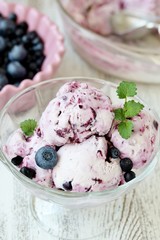 homemade blueberry ice cream with yogurt and whole berries.