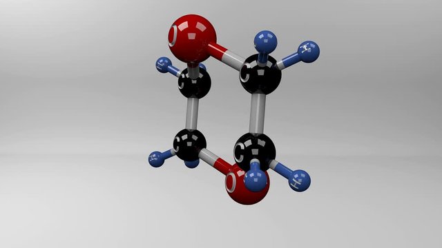 Dioxane molecule. Molecular structure of dioxane, used as a solvent in chemical industry  and considered as potentially carcinogenic.