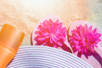 beautiful hat with sneakers by the sea greece on nature background