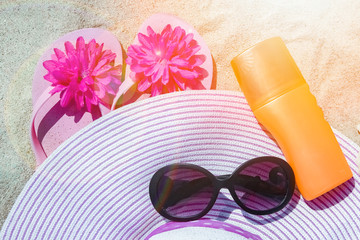 beautiful hat with sneakers by the sea greece on nature background