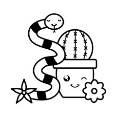 cactu in ceramic pot and snake kawaii style