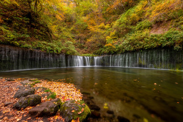 Shiraito fall in colorful autumn season, Karuizawa, Japan.