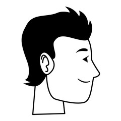 Young man face head profile cartoon in black and white