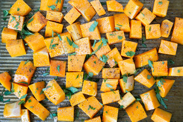 Cubed Butternut Squash on Sheet Pan covered in olive oil, pepper, salt, and parsley, raw vegetable in baking sheet