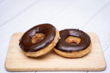 close up chocolate coating doughnut