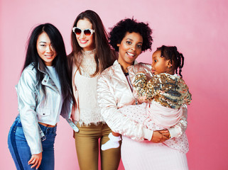 different nation girls with diversuty in skin, hair. Asian, scandinavian, african american cheerful...