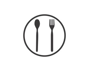 Abstract logo of a cafe or restaurant. A spoon, knife and fork on a plate. A simple outline