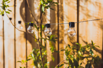 trendy globe string lights outdoor hanging from trees in private garden