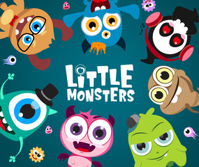 Obraz premium Little monsters vector characters background design. Cute little monster character with text in empty space for message in blue background. Vector Illustration.