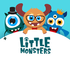 Little monsters vector background template. Little monsters text in empty white space for message and cute funny characters in background. Vector Illustration.