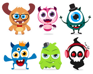 Cute little monsters set vector characters. Cute monster  creatures with funny and crazy faces  isolated in white background. Vector illustration.