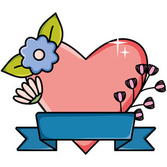heart love with flower and ribbon pop art style