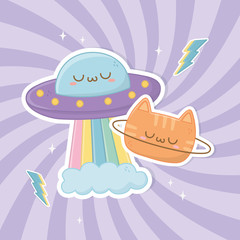 funny fantasy cat with ufo kawaii characters