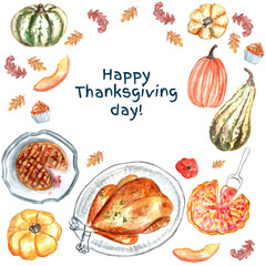 Happy Thanksgiving Day. Hand-drawn watercolor pumpkins, traditional turkey, apple pie, muffins, autumn leaves. Thanksgiving Day background.