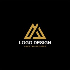 Mountain logo design vector. Triangle abstract illustration symbol. Letter AM outline sign. Gold adventure vector icon.