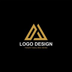 Mountain logo design vector. Triangle abstract illustration symbol. Letter AM outline sign. Gold adventure vector icon.