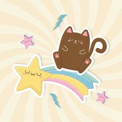 funny fantasy cat and rainbow kawaii characters