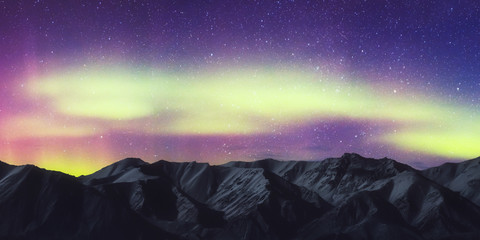 Aurora New Zealand. Colorful Red Yellow Green Aurora Lights. Aurora Australis New Zealand Southern Lights Over Mountains. New Zealand Landscape Background Banner