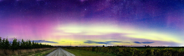 Aurora New Zealand. Colorful Red Yellow Green Aurora Lights. Aurora Australis New Zealand Southern Lights. New Zealand Landscape Background Banner