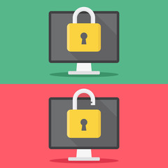 Lock computer, unlock computer, computer and padlock with a green and red background flat design vector illustration