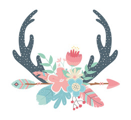 deer horns with flowers ,feathers and arrows boho style