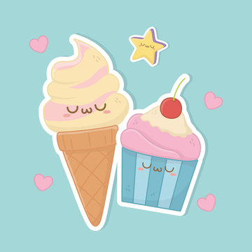 ice cream cone and cupcake kawaii characters