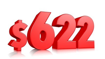 622$ Six hundred and twenty two price symbol. red text number 3d render with dollar sign on white background