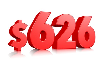 626$ Six hundred and twenty six price symbol. red text number 3d render with dollar sign on white background