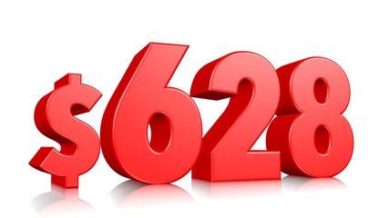 628$ Six hundred and twenty eight price symbol. red text number 3d render with dollar sign on white background