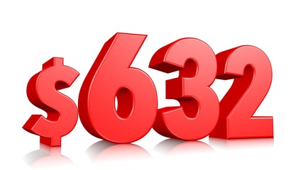 632$ Six hundred thirty two price symbol. red text number 3d render with dollar sign on white background