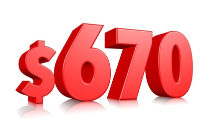 670$ Six hundred seventy price symbol. red text number 3d render with dollar sign on white background