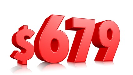 679$Six hundred seventy nine price symbol. red text number 3d render with dollar sign on white background